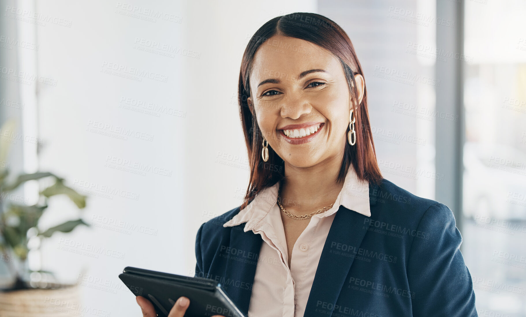 Buy stock photo Portrait, woman in office with smile and tablet for email, HR schedule or online recruitment. Internet, networking and communication on digital app, happy businesswoman at human resources agency. 