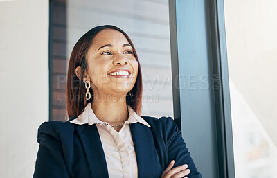 Buy stock photo Thinking, crossed arms and business woman by window for ideas, career opportunity and job in office. Professional, happy and face of worker in workplace with confidence, ambition and success mindset