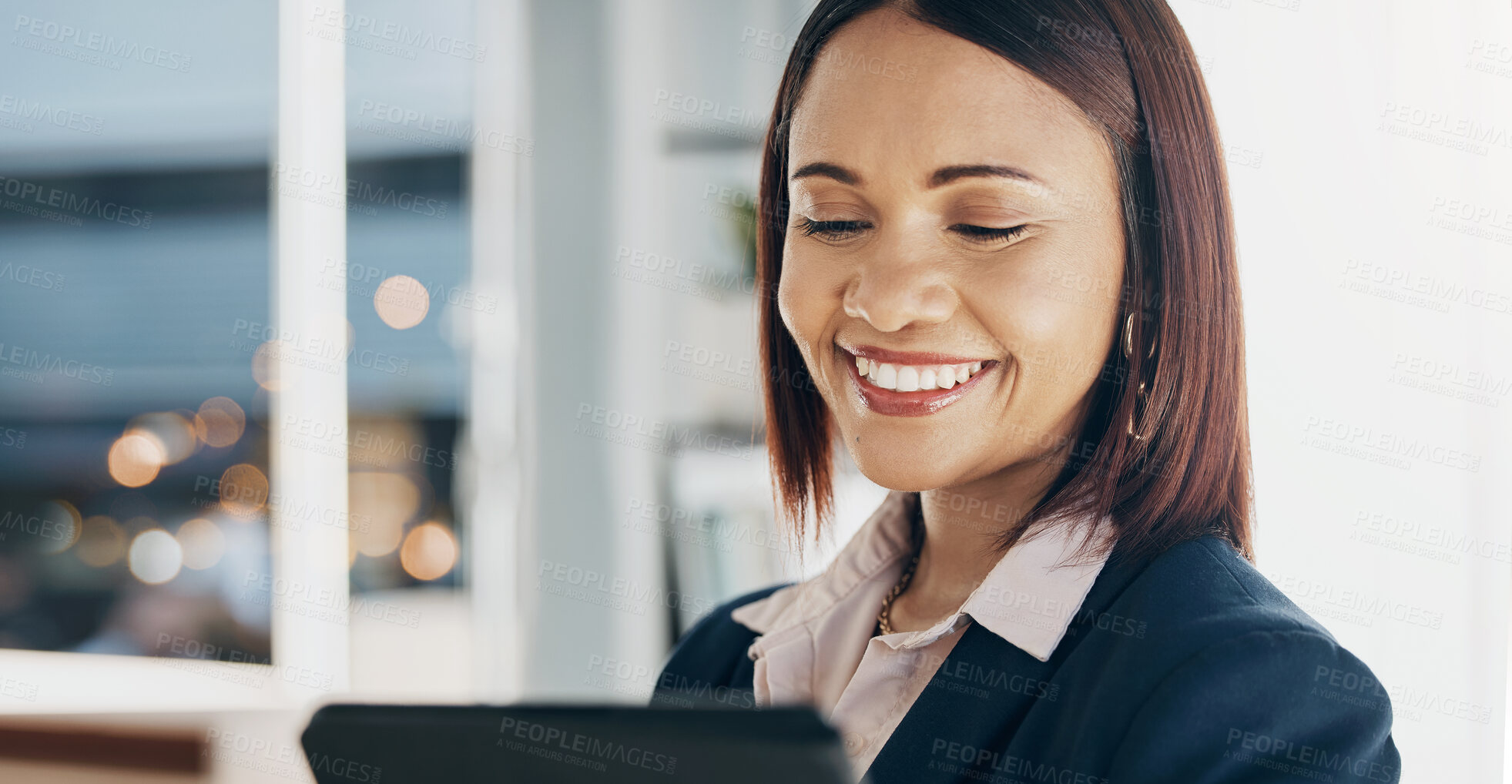 Buy stock photo Happy woman in office, tablet and reading email, HR schedule or online recruitment website. Internet, networking and communication on digital app, businesswoman with smile at human resources agency