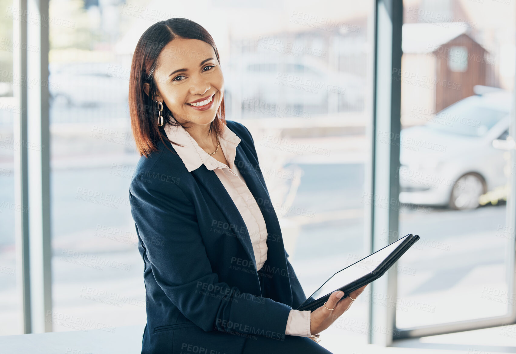 Buy stock photo Portrait, happy woman in office and tablet for email, HR schedule or online recruitment website. Internet, networking and communication on digital app, businesswoman smile at human resources agency
