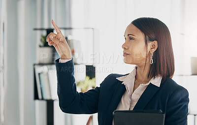 Buy stock photo Virtual design, point and business person working on project, website development or research process. UI panel, profile and corporate woman rendering graphic screen, online hud or interactive system