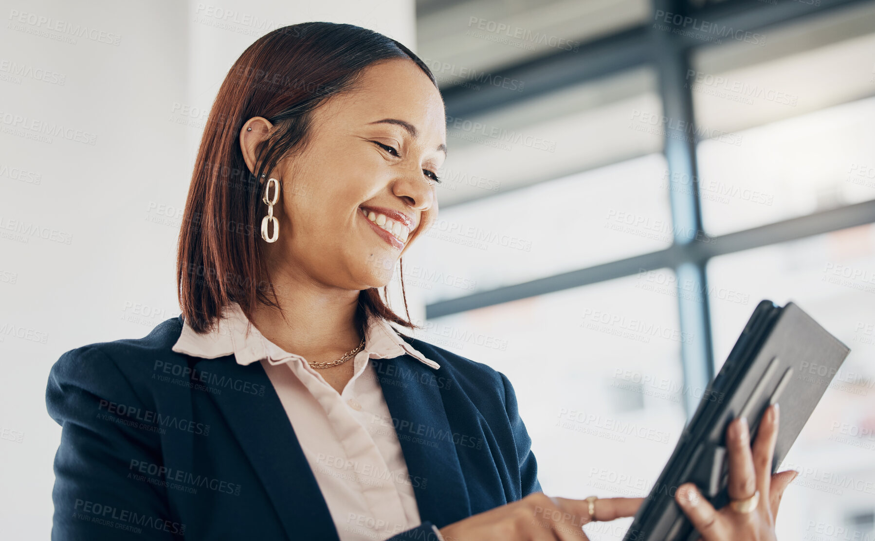 Buy stock photo Woman in office with smile, tablet and scroll on email, schedule or report online for feedback. Internet, networking and communication on digital app, happy businesswoman at human resources agency. 
