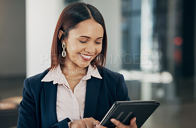 Buy stock photo Businesswoman in office with smile, tablet and reading email, HR schedule or report online for feedback. Internet, networking and communication on digital app, happy woman at human resources agency