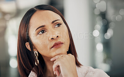 Buy stock photo Thinking, office and face of business woman for ideas, brainstorming and problem solving. Professional, corporate and worker in workplace with thoughtful, wonder and solution for planning project