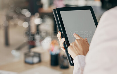 Buy stock photo Screen, blank tablet and business woman hands for click, planning or scroll with mockup space in office. Entrepreneur, employee and digital touchscreen for data analysis, app or schedule in workplace