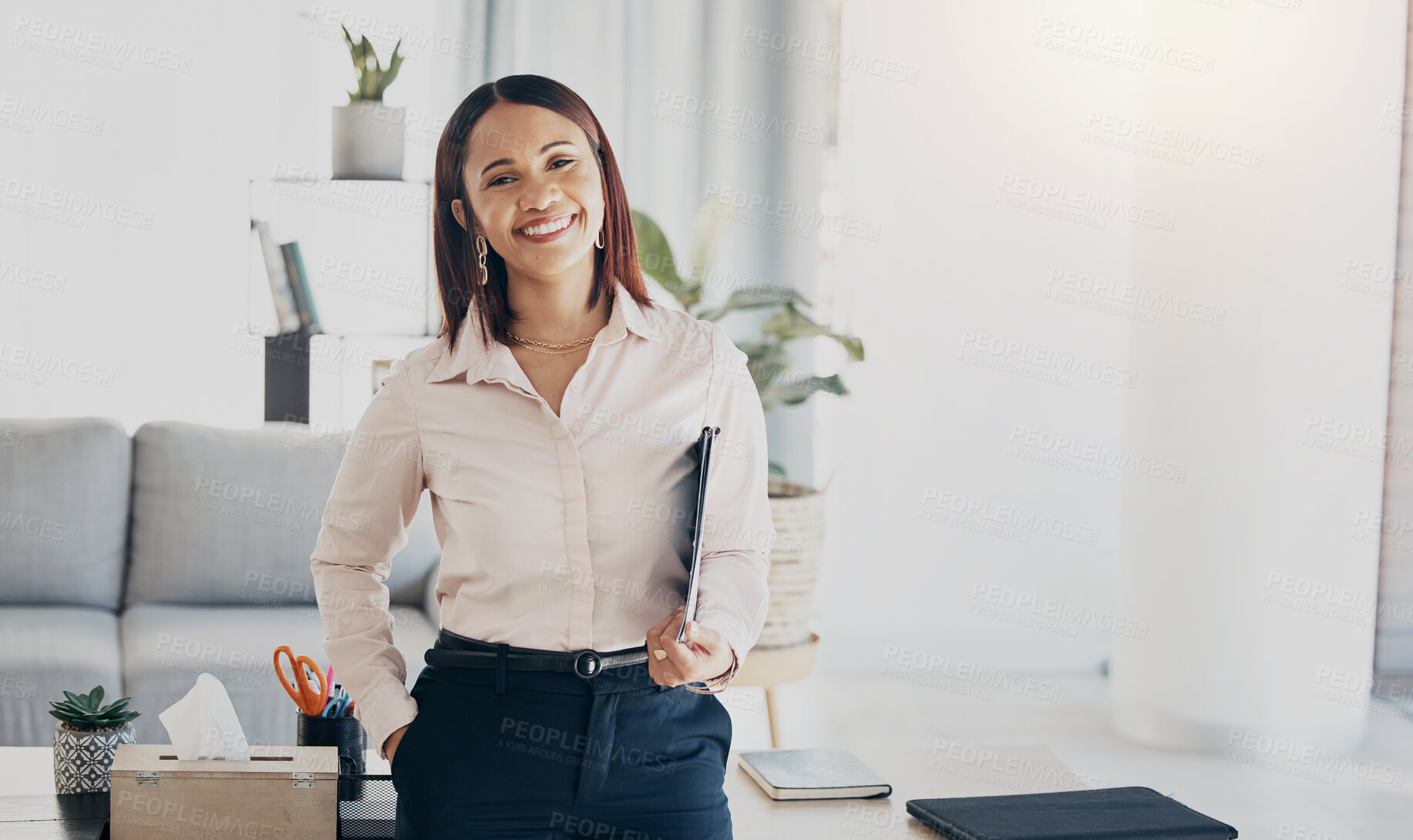 Buy stock photo Happy, smile and portrait of businesswoman in the office with positive, good and confident attitude. Happiness, creative career and young female designer from Colombia standing in modern workplace.