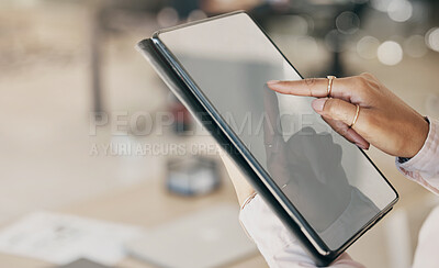 Buy stock photo Hands, tablet and screen for business woman for click, planning or scroll with mockup space in office. Entrepreneur, employee and digital touchscreen for data analysis, app or schedule in workplace