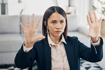 Buy stock photo Invisible screen, hands and woman in office with virtual, tech and futuristic hologram for ai or programming work in business Cyber, ux and entrepreneur in corporate workplace with vr dashboard