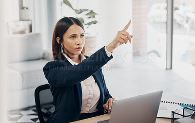 Buy stock photo Press, laptop and woman employee in virtual metaverse for online presentation or video call with connection in remote work. Planning, internet and corporate worker in home office working on strategy