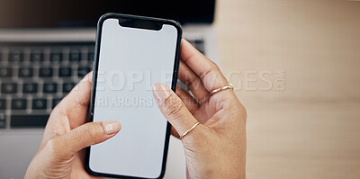 Buy stock photo Hands, blank phone screen and business woman with click, mobile app and mock up space in office. Entrepreneur, employee and smartphone with typing, scroll and check email notification in workplace