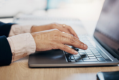 Buy stock photo Hands, laptop and typing for business woman, communication and email notification in office. Entrepreneur, employee and click on keyboard for data analysis, contact or planning schedule in workplace