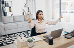 Digital, invisible screen and business woman in office with hands in hologram, virtual tech or ai programming technology. Futuristic, ux and entrepreneur with innovation in corporate workplace
