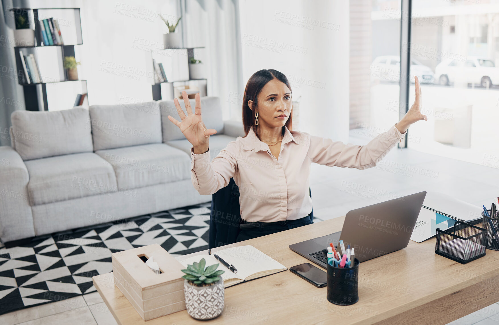 Buy stock photo Digital, invisible screen and business woman in office with hands in hologram, virtual tech or ai programming technology. Futuristic, ux and entrepreneur with innovation in corporate workplace
