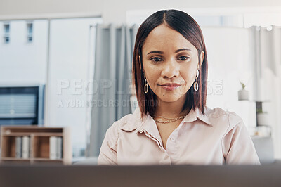 Buy stock photo Working, laptop and business woman reading project proposal online in a office. Update report, female professional and work on a computer with typing and tech job research for website SEO analysis
