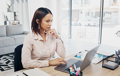 Buy stock photo Web designer, laptop and serious business woman reading project proposal online in a office. Report, female professional and thinking on a computer with typing and tech research for website analysis
