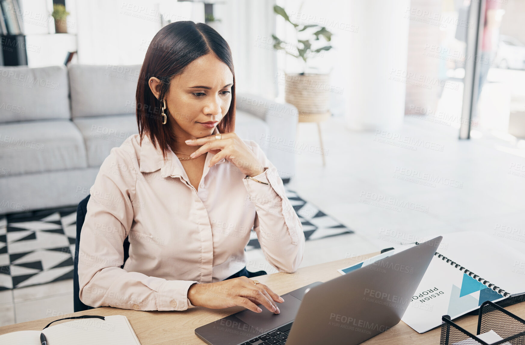 Buy stock photo Web designer, laptop and business woman reading project proposal online in a office. Ux report, female professional and work on a computer with typing and tech job research for website SEO analysis