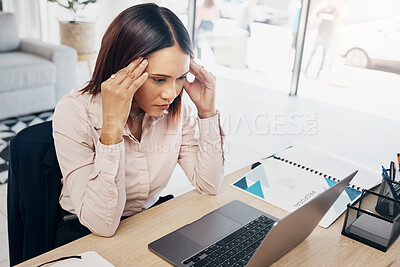 Buy stock photo Business, laptop and woman with burnout, headache and depression with a deadline, glitch and stress. Person, worker and employee with a pc, migraine and mental health with tension, strain and anxiety
