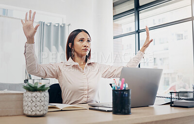 Buy stock photo Office, invisible screen and hands of woman with vr, hologram and virtual tech for programming technology. Futuristic, ux and person coding with cyber dashboard or tech in corporate workplace