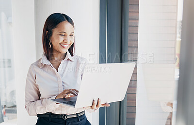 Buy stock photo Happy woman at office window, with laptop and reading email research, schedule or online for feedback. Internet, networking or communication on website, businesswoman smile at human resources agency