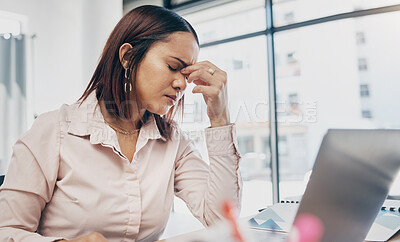 Buy stock photo Corporate, laptop and woman with burnout, headache and fatigue with a deadline, tired and stress. Person, worker and employee with a pc, migraine and mental health with pain, frustrated and anxiety