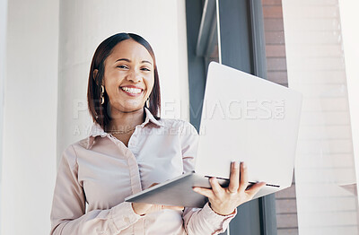 Buy stock photo Portrait of happy woman in office with laptop, research or ideas for HR schedule and online feedback. Internet, networking or website search, businesswoman with smile at human resources agency