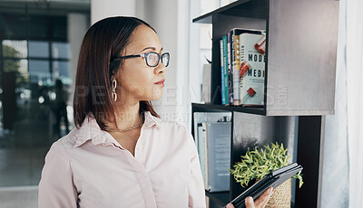 Buy stock photo Woman in office with glasses, tablet and thinking of email, HR schedule and online report feedback. Internet, networking and communication on digital app, businesswoman at human resources agency