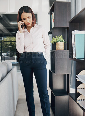 Buy stock photo Business, woman and phone call in home and thinking of problem solving solution or professional planning with client. Corporate, communication and entrepreneur talking in apartment with b2b contact