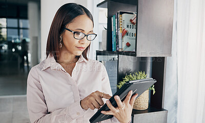 Buy stock photo Woman in office with glasses, tablet and reading email, HR schedule and online report feedback. Internet website, networking and communication on digital app, businesswoman at human resources agency.