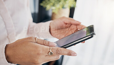 Buy stock photo Hands, tablet and closeup for business woman, planning app or reading email notification in office. Entrepreneur, employee and digital touchscreen with data analysis, contact or schedule in workplace