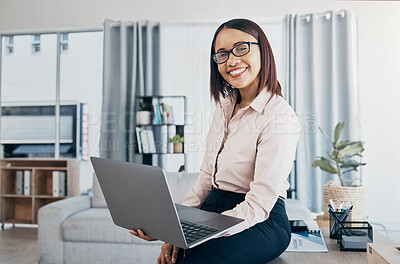 Buy stock photo Portrait of woman in office with smile, laptop and reading email, HR schedule or online for feedback. Internet, networking and communication on website, happy employee at human resources agency.