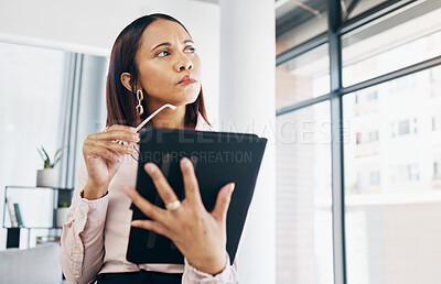 Buy stock photo Businesswoman in workplace with tablet, thinking and decision for review online, HR schedule or email feedback. Research ideas, networking and digital communication, woman at human resources office.