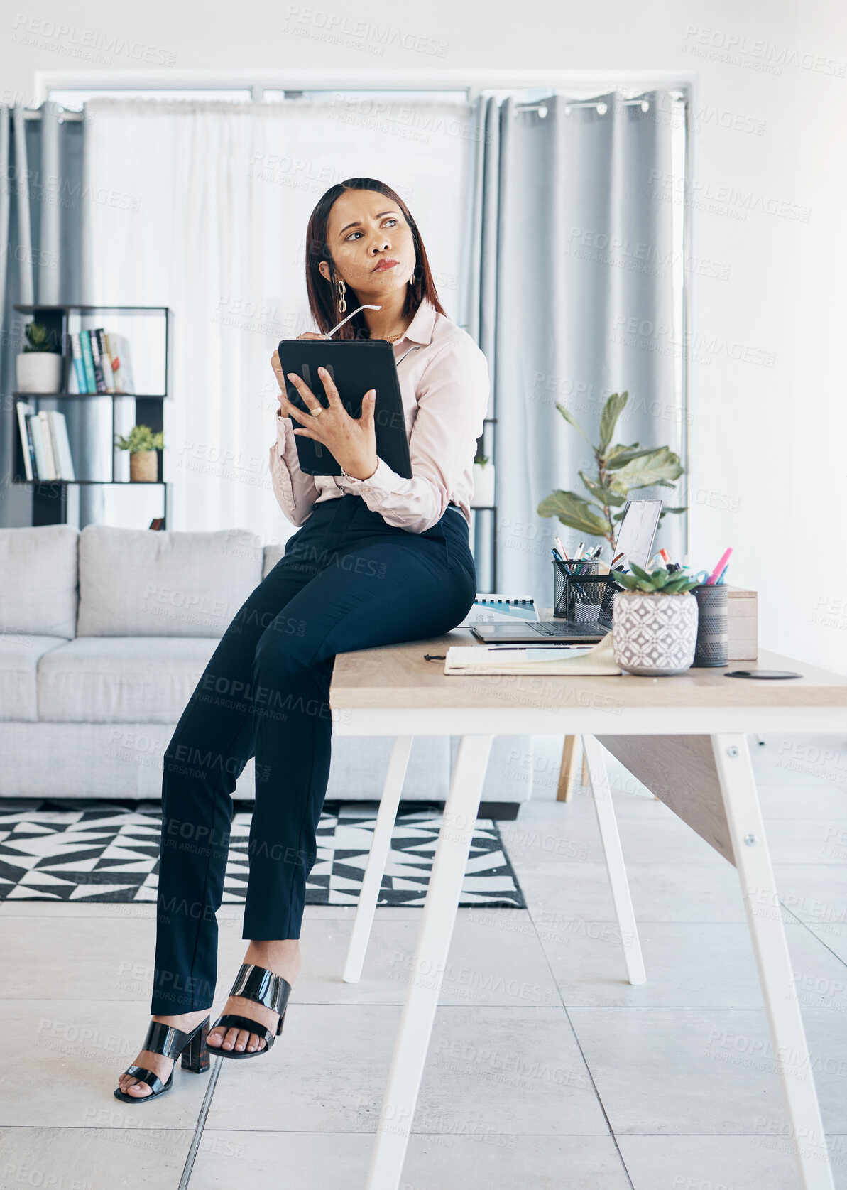 Buy stock photo Woman thinking in modern office with tablet, ideas or email, HR schedule and online report feedback. Research, problem solving or communication on digital app, businesswoman at human resources agency