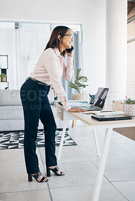 Buy stock photo Cellphone call, happiness and business woman consulting, planning and talking about company investment strategy. Smartphone, office profile and consultant speaking, smile and chat with agency contact
