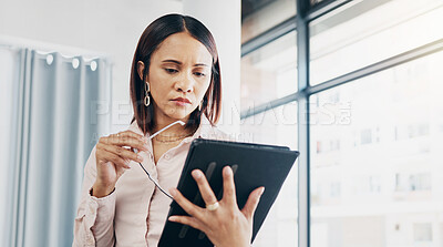 Buy stock photo Woman in office, reading and thinking with tablet for email, HR schedule or report online for feedback. Research, networking and communication on digital app, businesswoman at human resources agency.