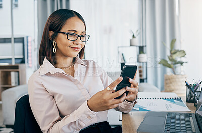 Buy stock photo Smartphone, laptop and businesswoman in office typing an email or networking on internet. Communication, technology and professional female designer doing creative research on cellphone and computer.