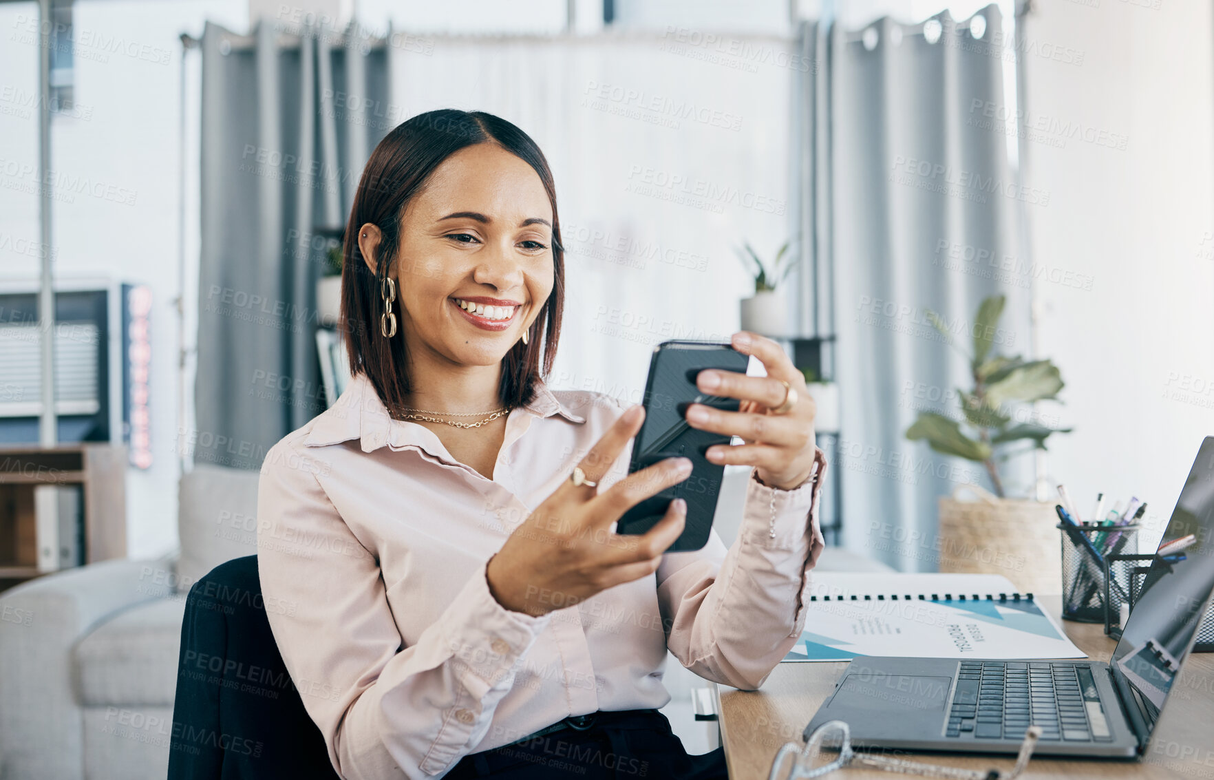 Buy stock photo Phone, happy and businesswoman in the office typing an email or networking on internet. Communication, technology and professional female designer from Mexico doing creative research on cellphone.