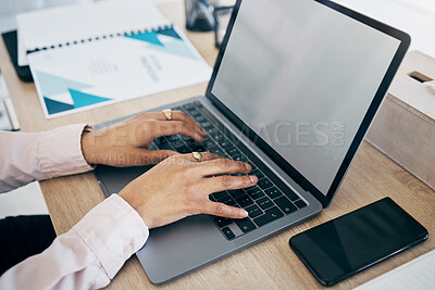 Buy stock photo Laptop screen, hands and corporate person typing advertising report, research or check administration project. Mockup internet space, technology closeup and closeup secretary working on admin work