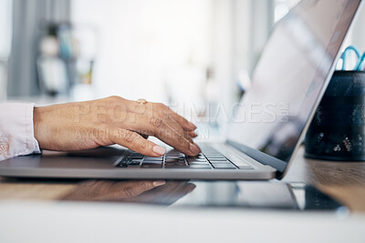 Buy stock photo Laptop, hands and office person typing administration work, secretary project or company web report. Computer, business closeup and professional receptionist working on research, schedule or agenda