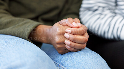 Buy stock photo Hands, anxiety and closeup of person for therapy, psychology and mental health support. Fear, healthcare and a patient in counseling consultation with depression, stress help and nervous on a sofa