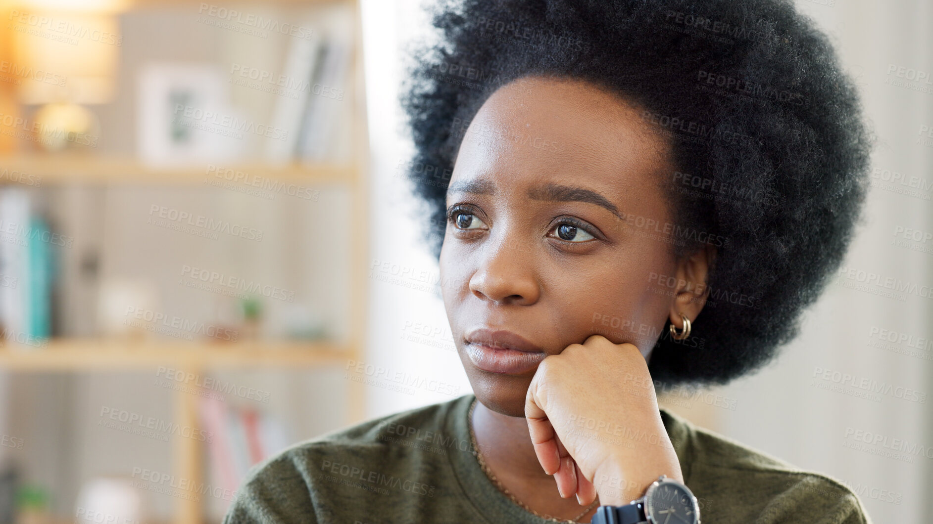 Buy stock photo Black woman, stress and thinking in a home with memory and idea in a living room. African female person, anxiety and house with grief, burnout and thoughtful with depression and mental health