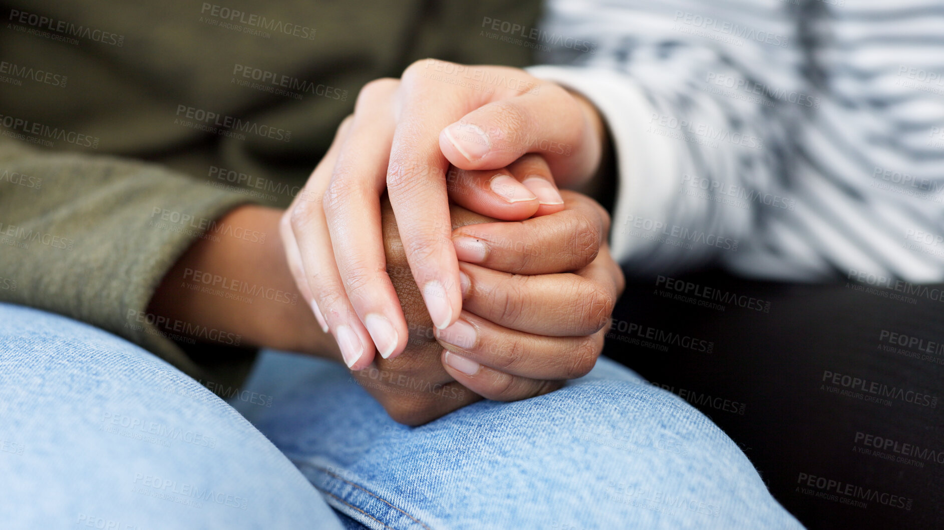 Buy stock photo Holding hands, support and closeup of a couple in therapy for love, respect or trust in marriage. Together, hope and people with care, help and in counseling for relationship with compassion