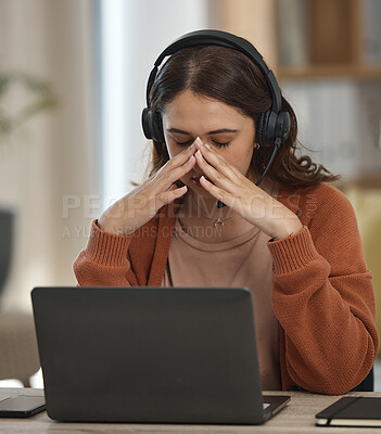 Buy stock photo Woman, home and call center stress or headache for telemarketing fail, communication fatigue and sales job. Young worker, telecom agent or virtual consultant with depression, tired or pain on laptop