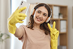 Cleaner woman, selfie and peace sign with smile, headphones and audio streaming for music in home. Happy maid girl, emoji or icon with photography, memory and profile picture on social network app