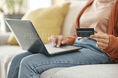 Buy stock photo Closeup, woman and laptop with credit card, ecommerce and fintech with transaction, payment and digital app in a lounge. Person, home or girl on a sofa, pc or finance with online shopping and savings