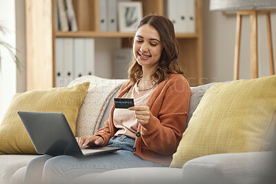 Buy stock photo Laptop, credit card and retail with a woman in her home for bank payment or accounting. Computer, finance or budget with a happy young customer in the living room for ecommerce or online shopping