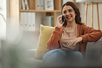 Home, phone call and woman on a couch, smile and connection with communication, speaking and network. Person, mobile user and girl on a sofa, talking and conversation with digital app and discussion