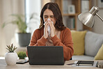 Woman, blowing nose and student with laptop, allergies or burnout with virus, fatigue and sick with sinus infection. Toilet paper, health fail and overworked with university assessment while at home