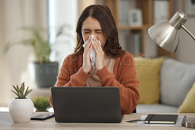 Buy stock photo Woman, blowing nose and student with laptop, allergies or burnout with virus, fatigue and sick with sinus infection. Toilet paper, health fail and overworked with university assessment while at home