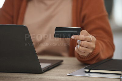 Buy stock photo Closeup, woman and laptop with credit card, payment and online shopping with fintech, banking and transaction in a lounge. Person, home and girl with pc, ecommerce and digital app with investment