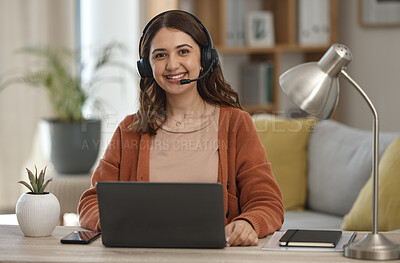 Buy stock photo Portrait, laptop and remote call center with a woman in a home for customer service consulting. Smile, communication or headset with a happy young freelance employee working on a computer for support